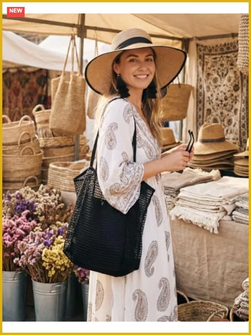 Beach Accessories Set Straw Hat Mesh Tote Bag Sunglasses Earrings Bohemian